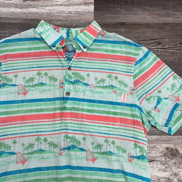 Chubbies Green Blue Pink Mens M Striped Hawaiian Beachy AOP Palm Tree Polo Shirt - Picture 1 of 7